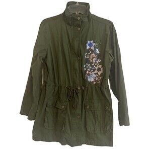 Mark By Avon Womens L Jacket Army Green Cotton Embroidered Floral Boho Moto